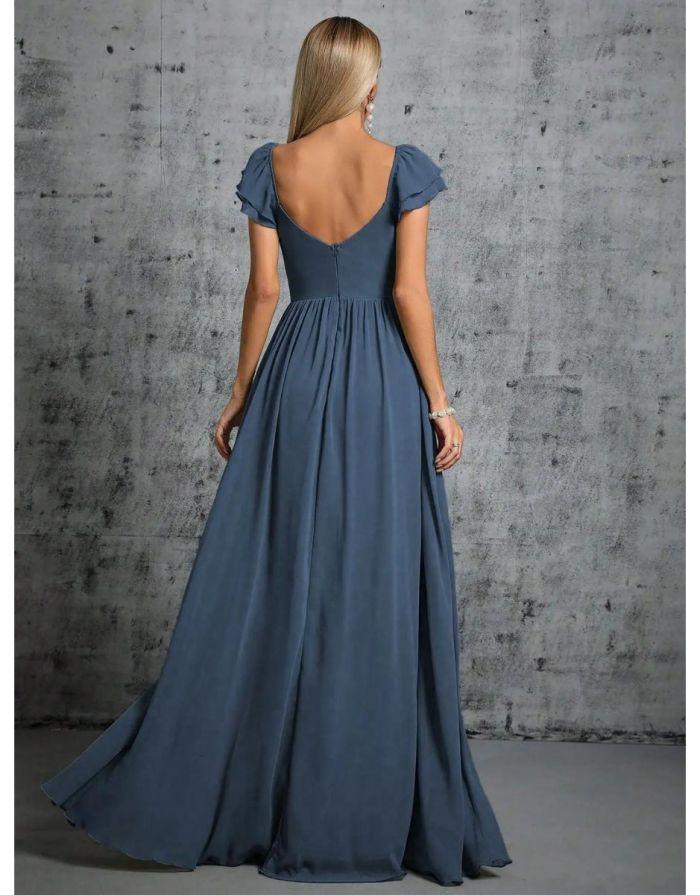 Vestido Azul Longo Com Gola Ferradura Mangas Babados