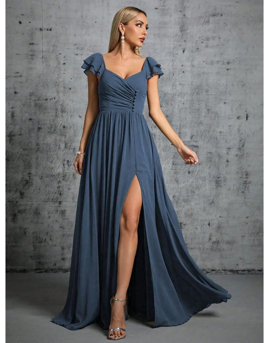 Vestido Azul Longo Com Gola Ferradura Mangas Babados