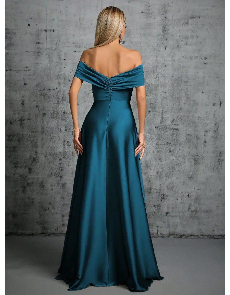 Vestido Azul Longo De Cetim Plissado Gola De Linha