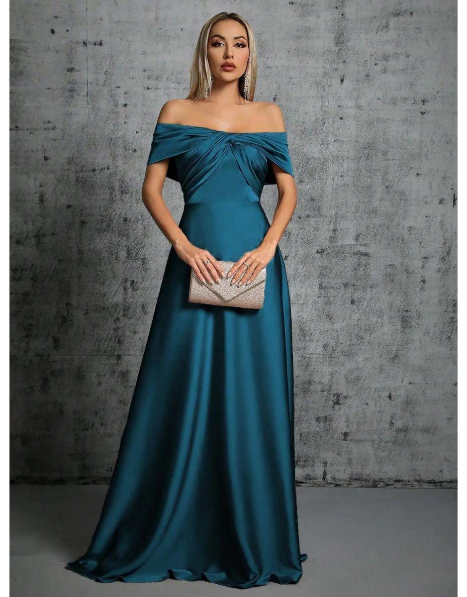 Vestido Azul Longo De Cetim Plissado Gola De Linha