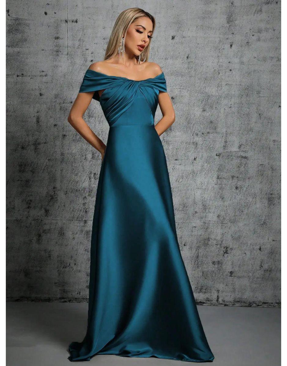 Vestido Azul Longo De Cetim Plissado Gola De Linha