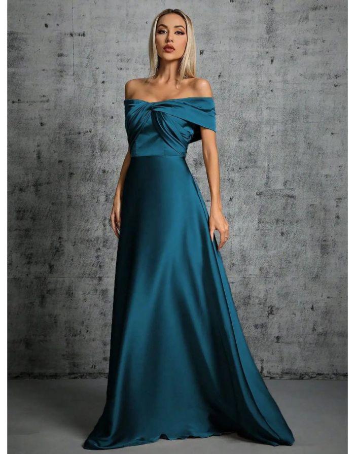 Vestido Azul Longo De Cetim Plissado Gola De Linha