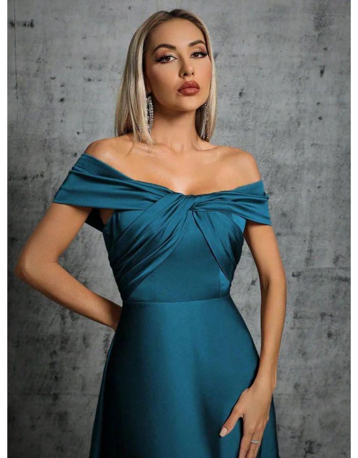 Vestido Azul Longo De Cetim Plissado Gola De Linha