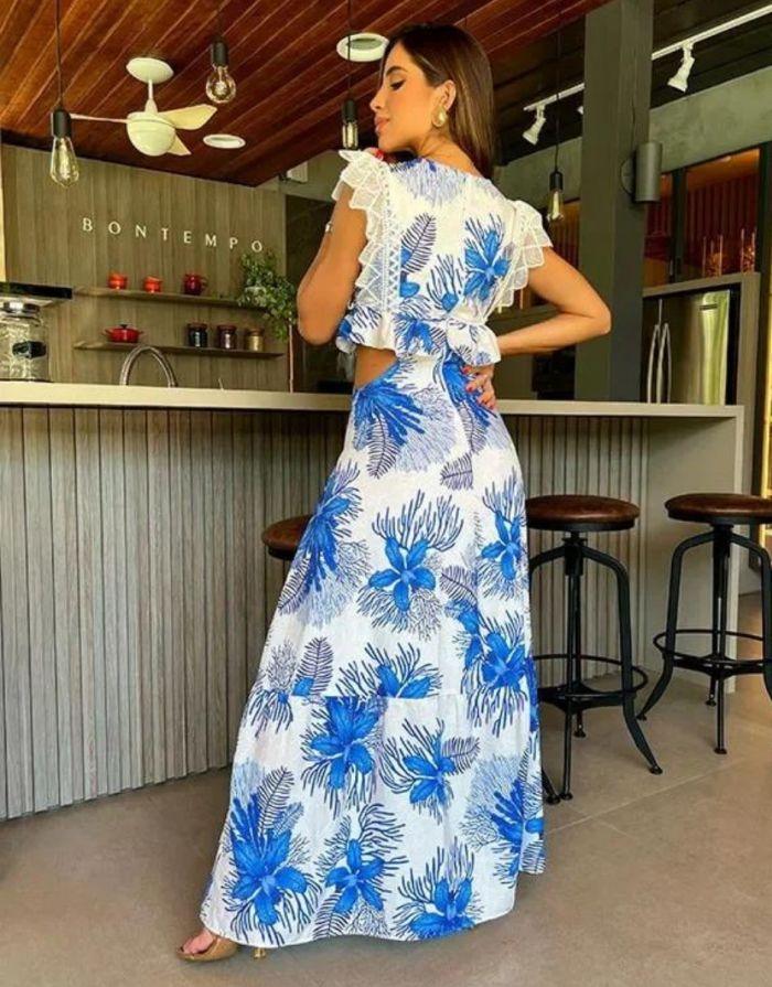 Vestido Azul Longo Decote V Estampado Alba