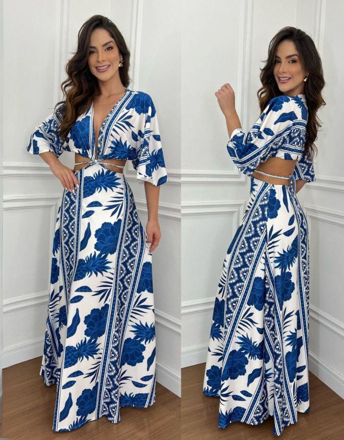 Vestido Azul Longo Decote V Estampado Meia Manga