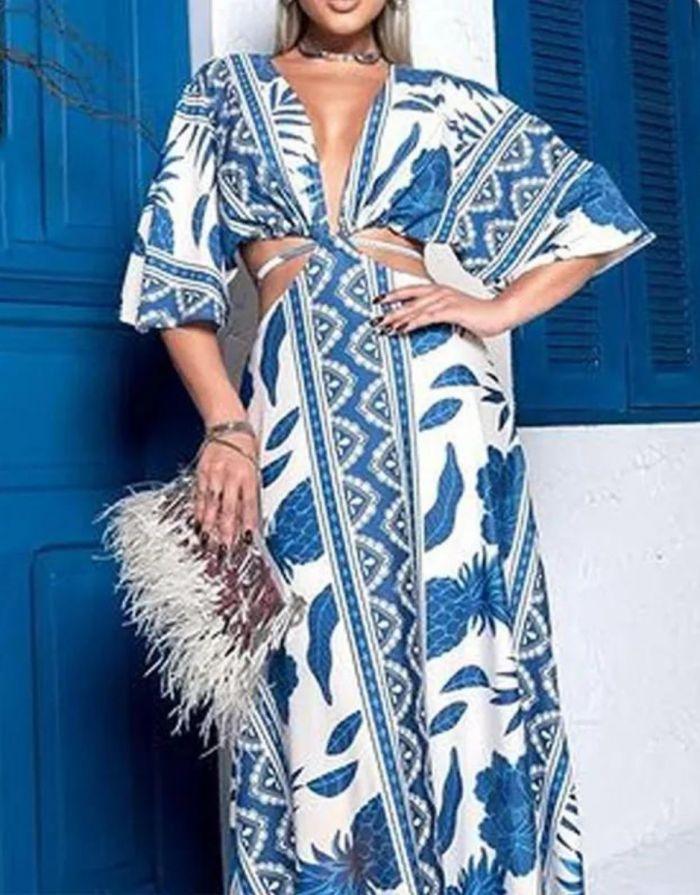 Vestido Azul Longo Decote V Estampado Meia Manga