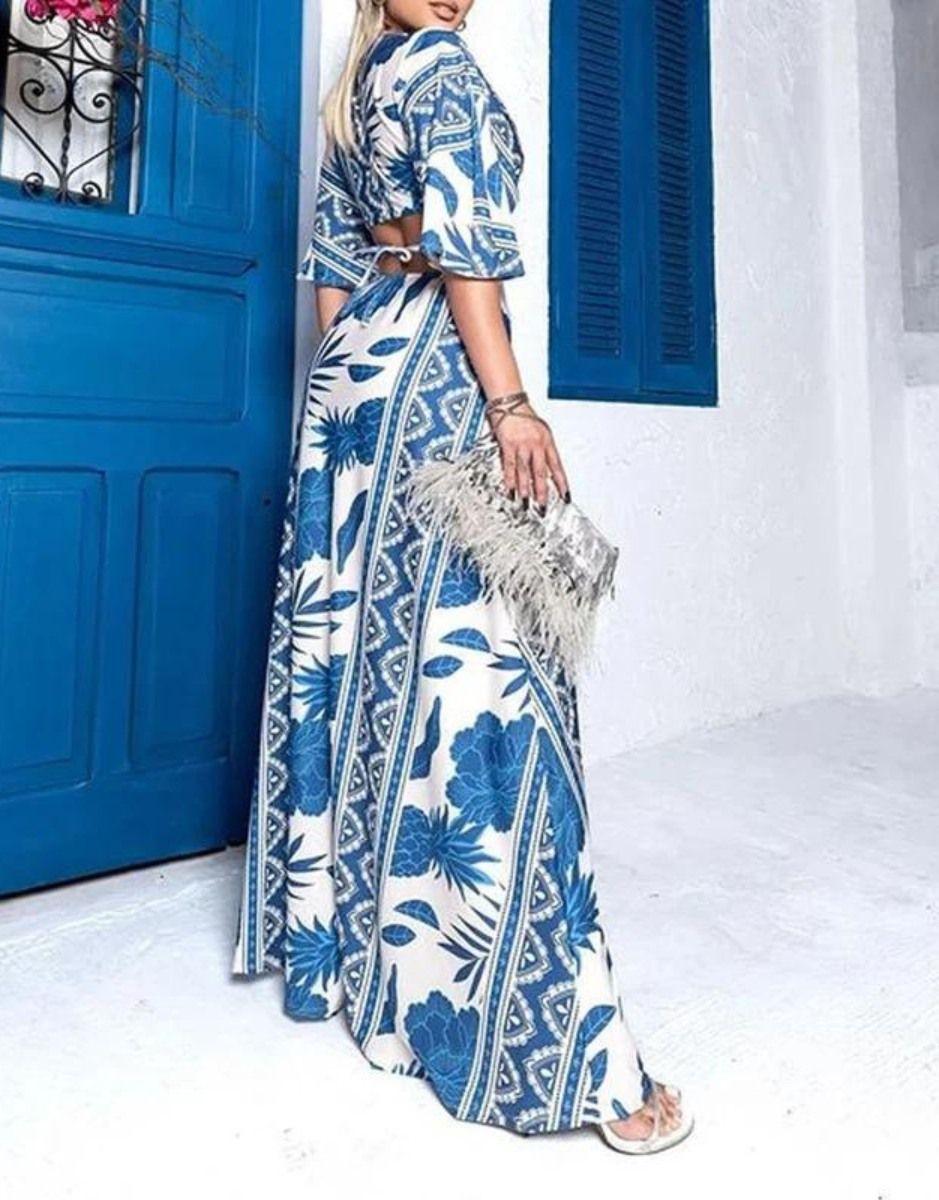 Vestido Azul Longo Decote V Estampado Meia Manga