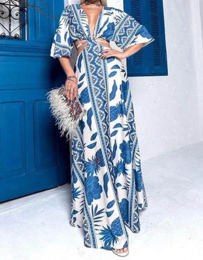 Vestido Azul Longo Decote V Estampado Meia Manga