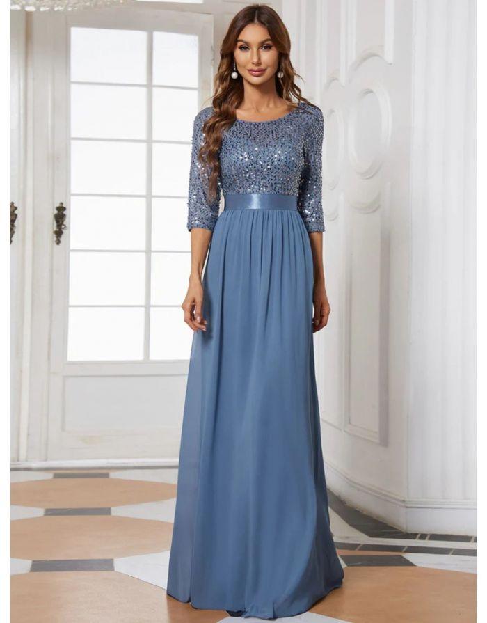 Vestido Azul Longo Manga em Chiffon Lantejoula