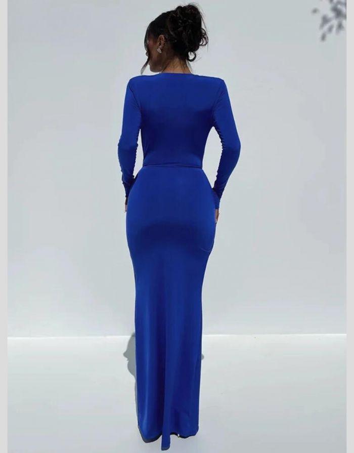 Vestido Azul Longo Manga Longa Decote em V Profundo