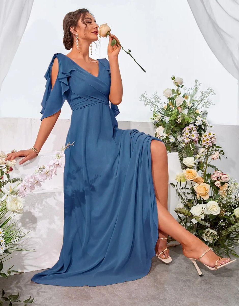 Vestido Azul Longo Ombro Babados