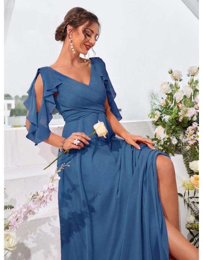 Vestido Azul Longo Ombro Babados