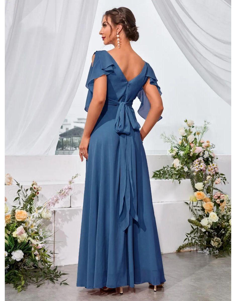 Vestido Azul Longo Ombro Babados