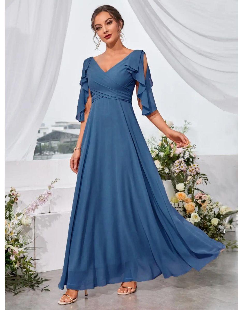 Vestido Azul Longo Ombro Babados