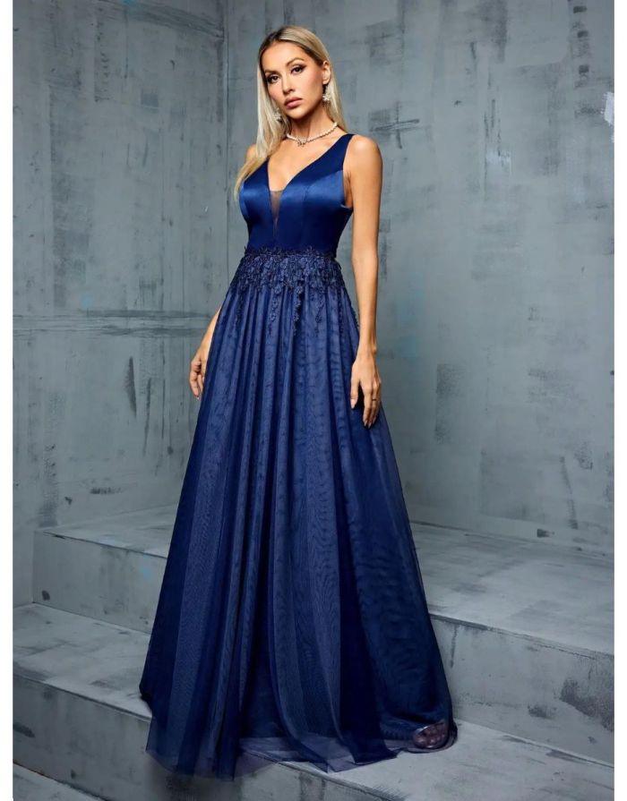 Vestido Azul Marinho Longo Cetim Franja De Renda