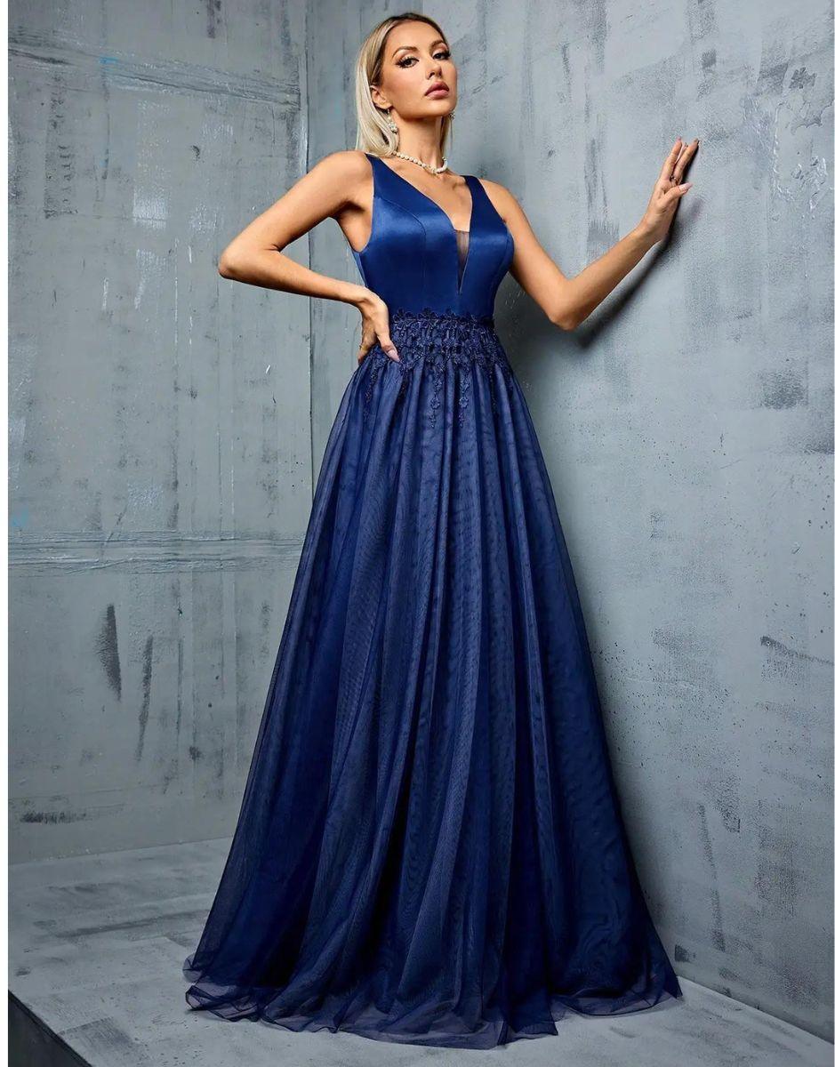 Vestido Azul Marinho Longo Cetim Franja De Renda