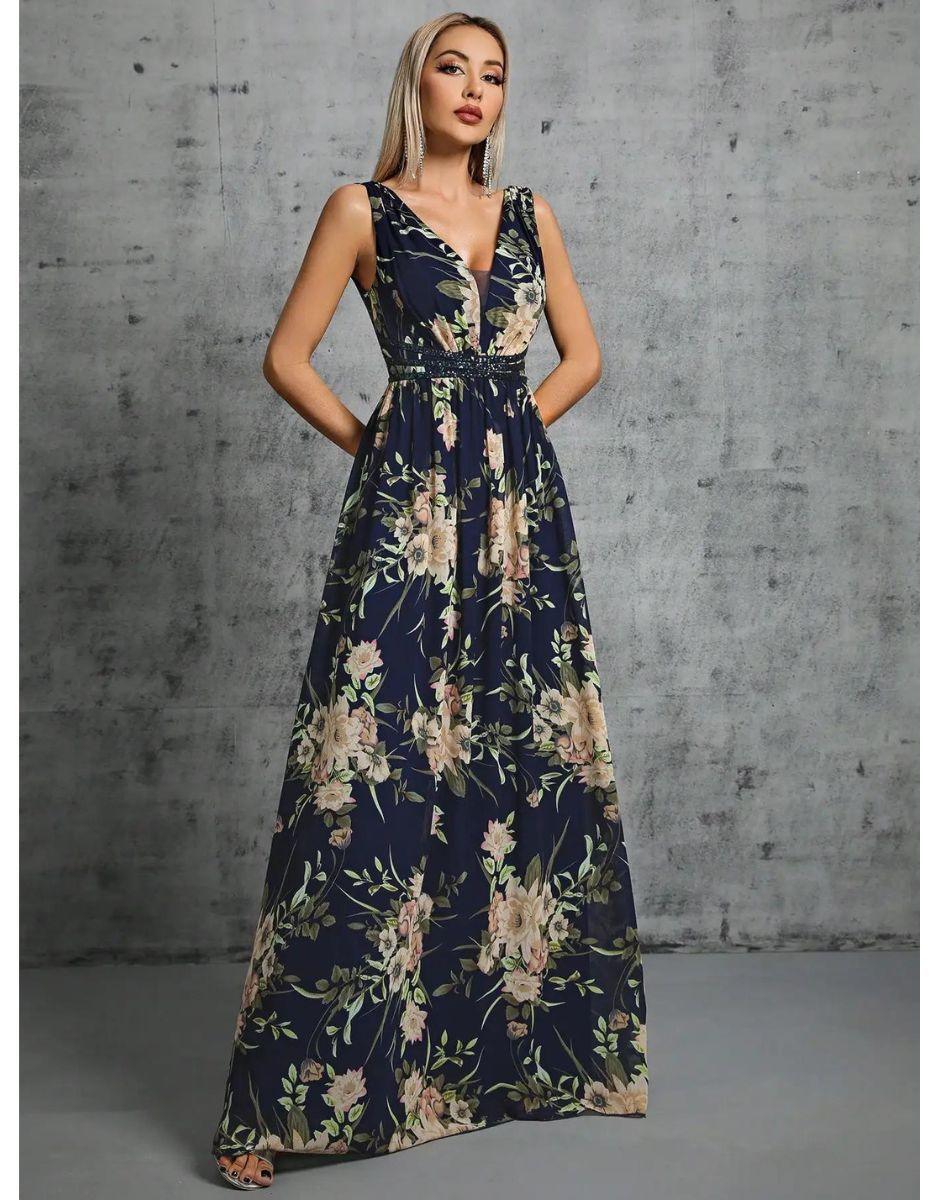 Vestido Azul Marinho Longo com Cinto Estampado