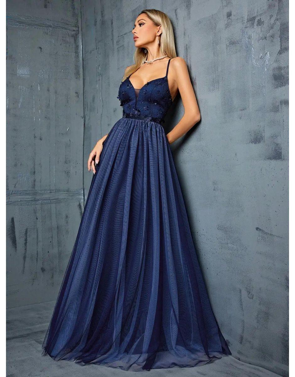 Vestido Azul Marinho Longo Decote em V Bordado Floral