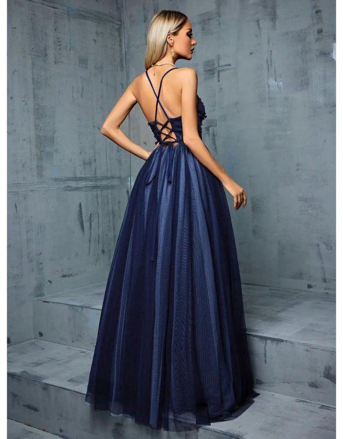 Vestido Azul Marinho Longo Decote em V Bordado Floral