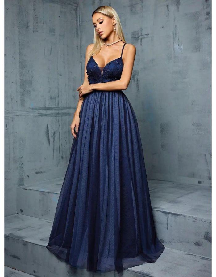 Vestido Azul Marinho Longo Decote em V Bordado Floral