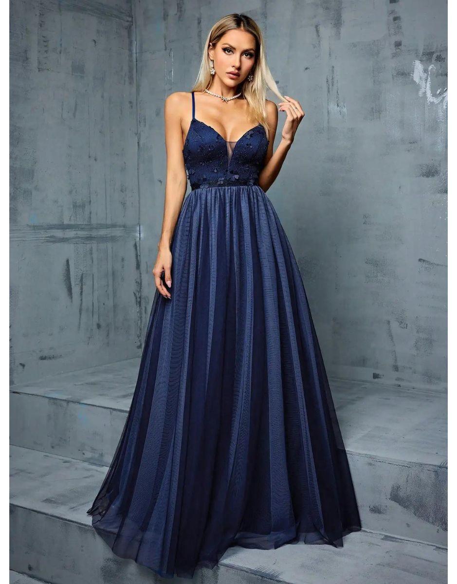 Vestido Azul Marinho Longo Decote em V Bordado Floral