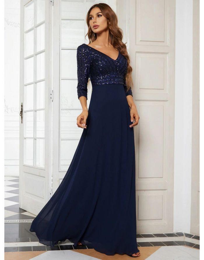 Vestido Azul Marinho Longo Decote em V Chiffon Contraste Lantejoula