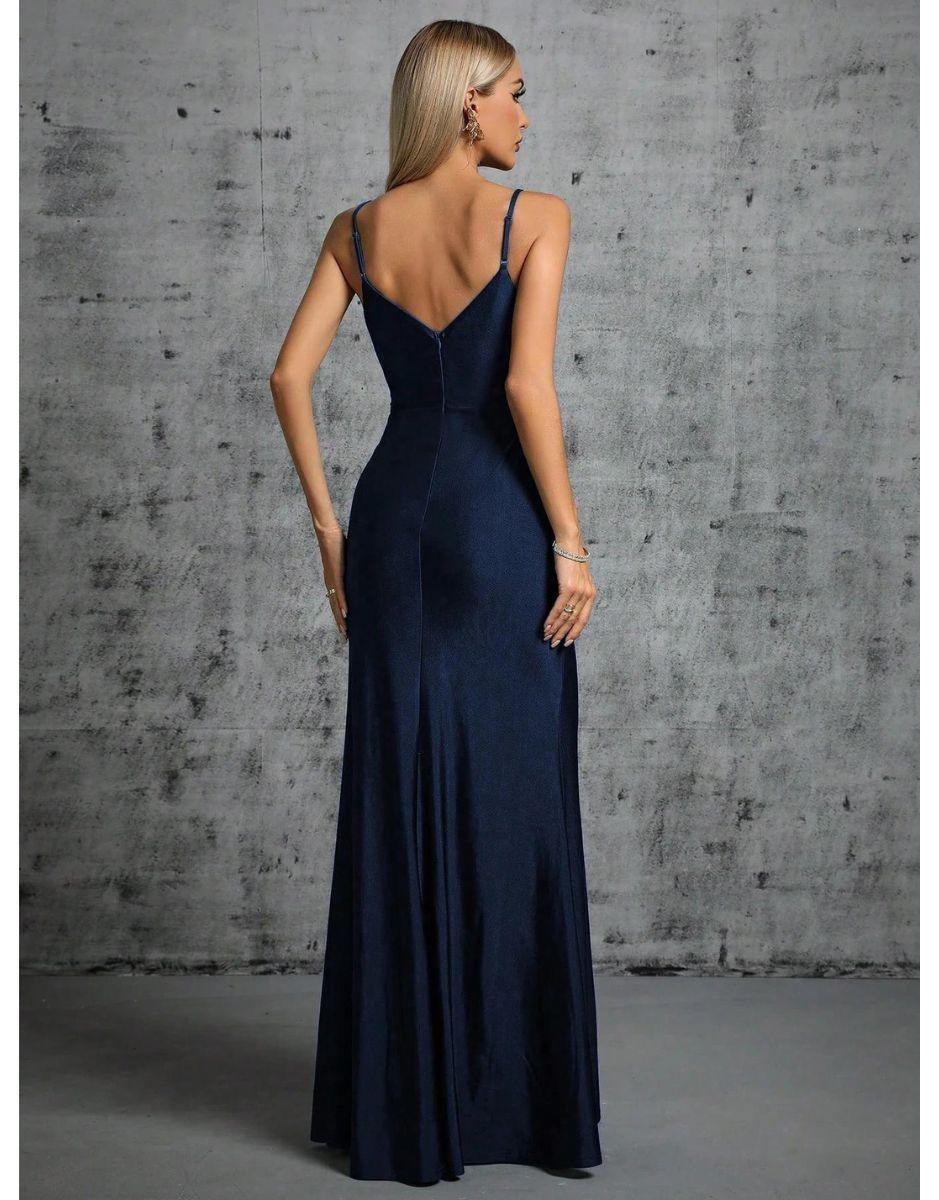 Vestido Azul Marinho Longo Fenda Irregular