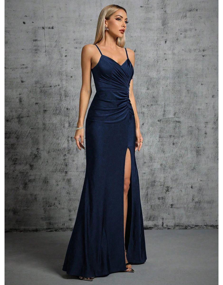 Vestido Azul Marinho Longo Fenda Irregular