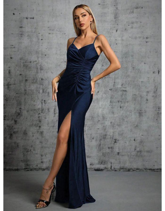 Vestido Azul Marinho Longo Fenda Irregular