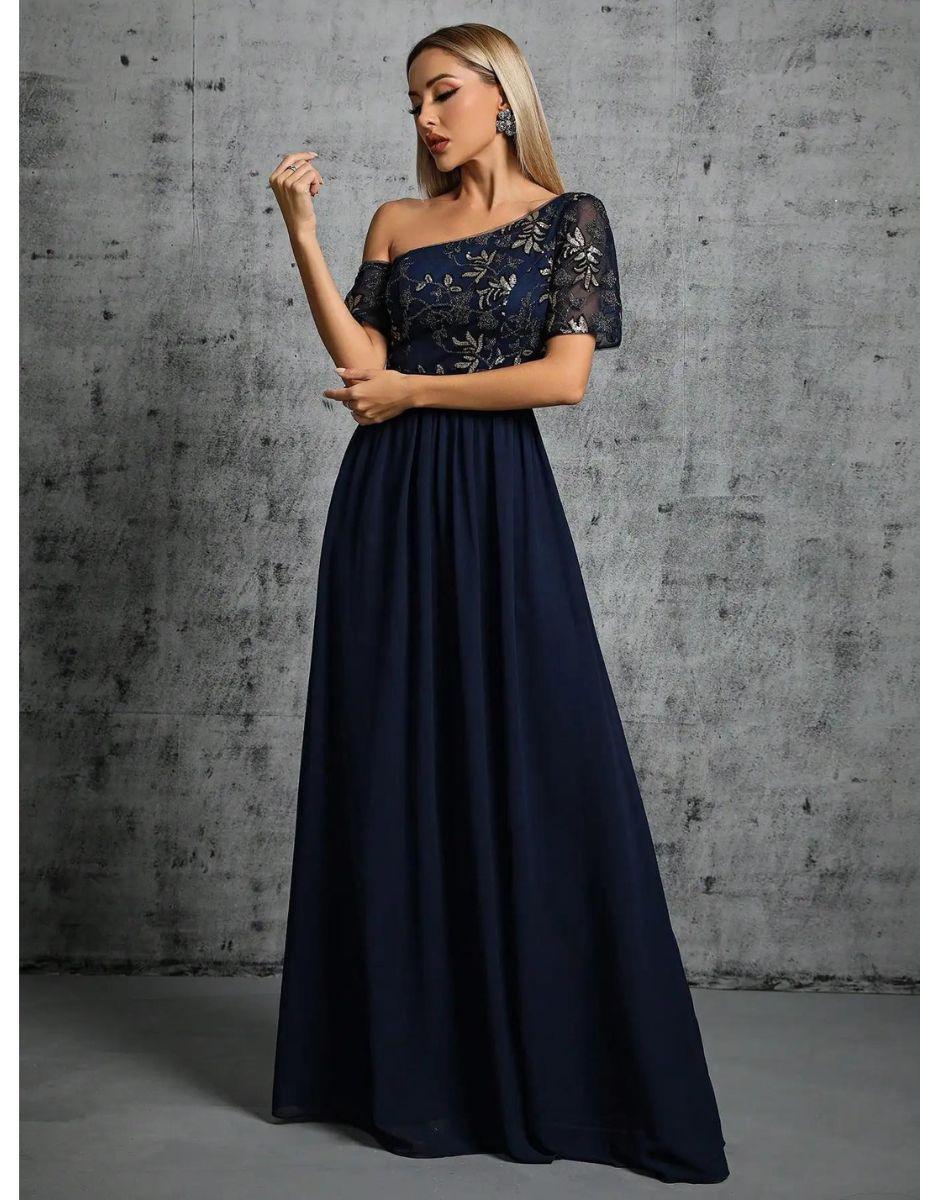 Vestido Azul Marinho Longo Lantejoulas Ombro Único Manga Curta