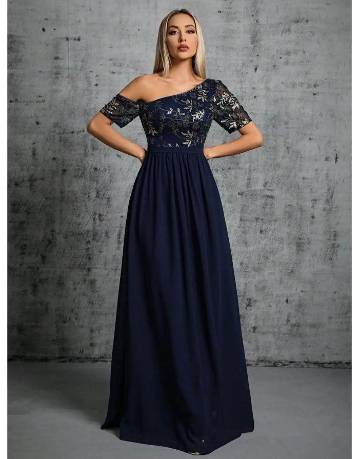 Vestido Azul Marinho Longo Lantejoulas Ombro Único Manga Curta