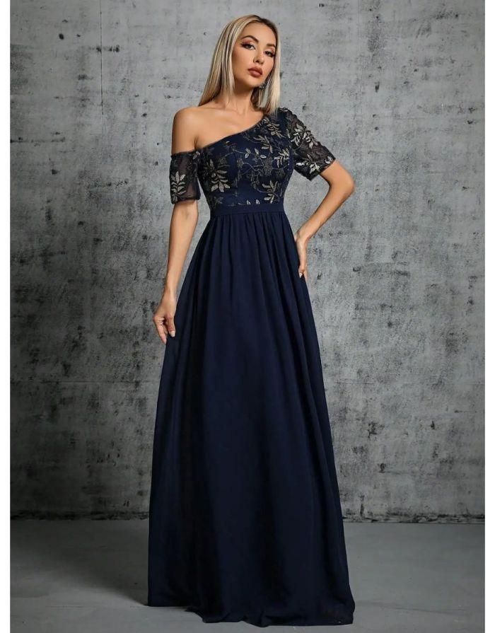 Vestido Azul Marinho Longo Lantejoulas Ombro Único Manga Curta