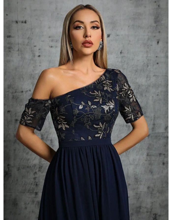 Vestido Azul Marinho Longo Lantejoulas Ombro Único Manga Curta