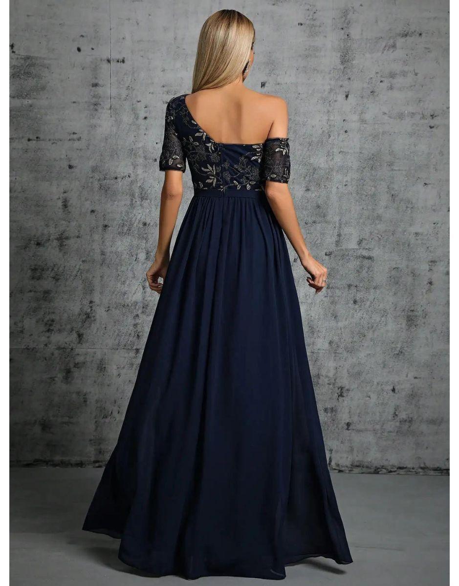 Vestido Azul Marinho Longo Lantejoulas Ombro Único Manga Curta