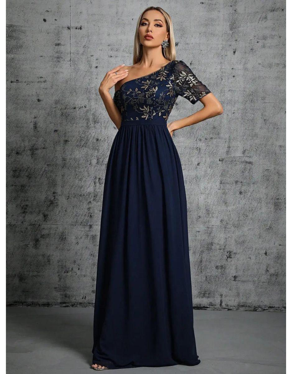 Vestido Azul Marinho Longo Lantejoulas Ombro Único Manga Curta