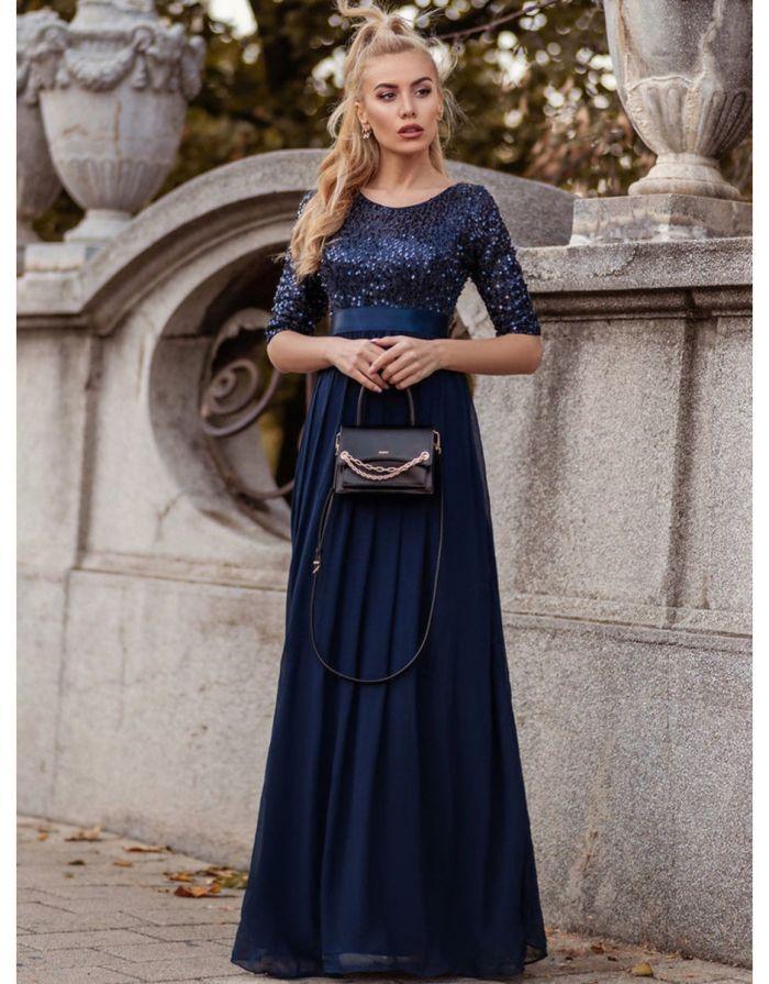 Vestido Azul Marinho Longo Manga em Chiffon Lantejoula