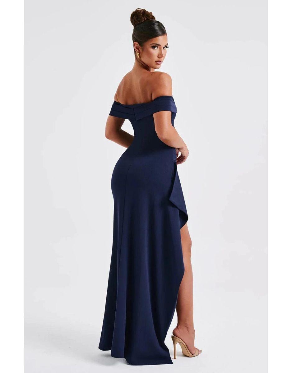 Vestido Azul Marinho Longo Off Ombro Fenda Alta