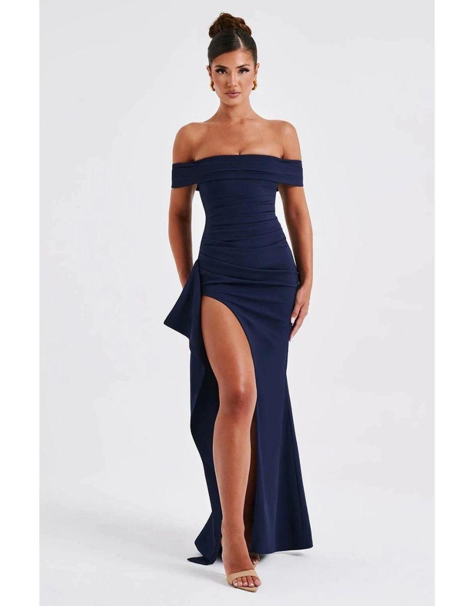 Vestido Azul Marinho Longo Off Ombro Fenda Alta