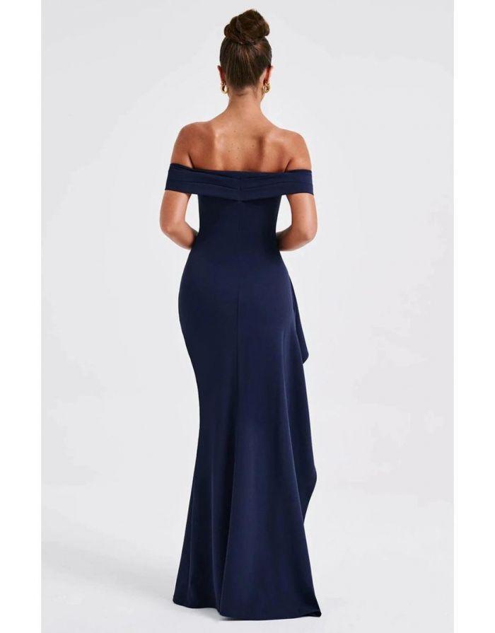 Vestido Azul Marinho Longo Off Ombro Fenda Alta