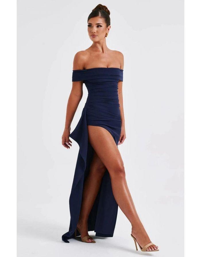 Vestido Azul Marinho Longo Off Ombro Fenda Alta