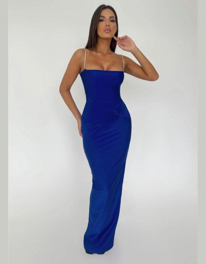 Vestido Azul Maxi Franzido com Alças Finas