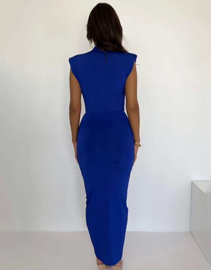 Vestido Azul Midi Plissado Decote em V Profundo