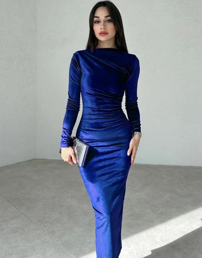 Vestido Azul Midi Veludo Decote em O