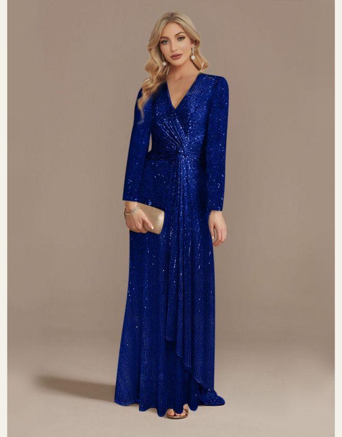 Vestido Azul Royal Longo Lantejoula Gola V