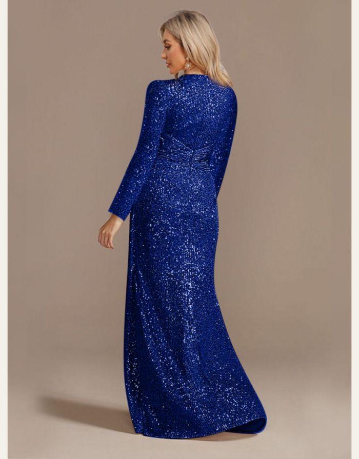 Vestido Azul Royal Longo Lantejoula Gola V