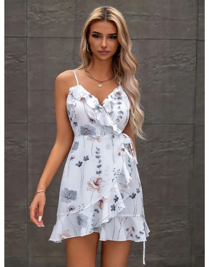 Vestido Branco Alça Fina Estampado Floral