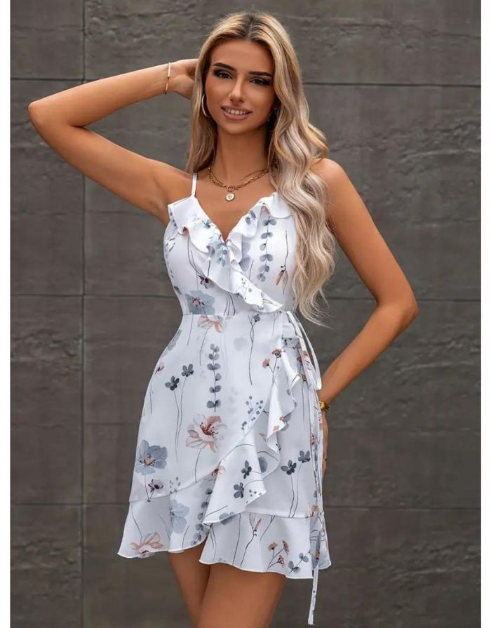Vestido Branco Alça Fina Estampado Floral