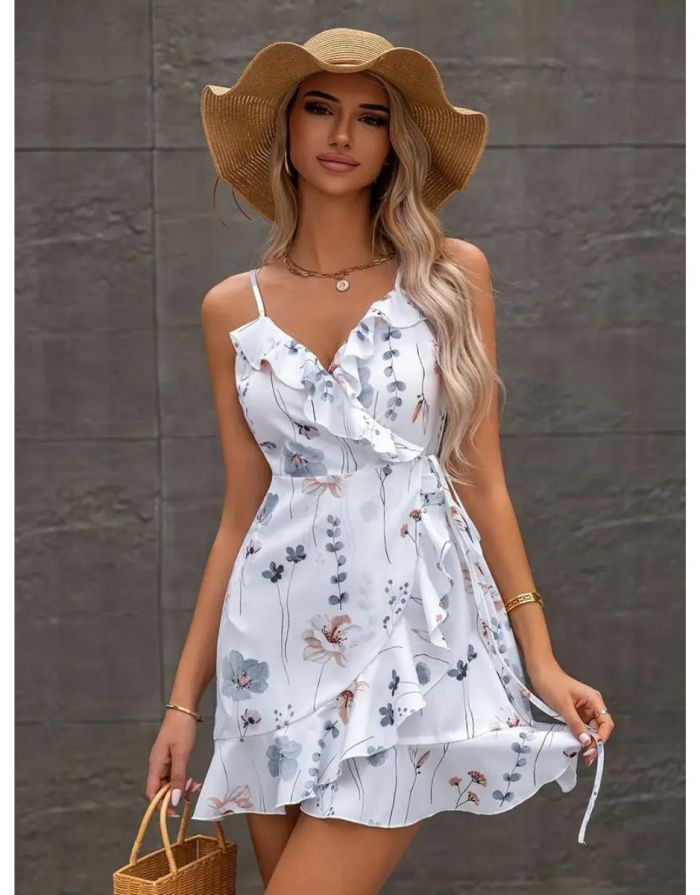 Vestido Branco Alça Fina Estampado Floral