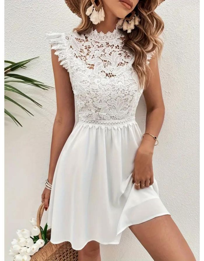 Vestido Branco De Renda Guipir Cintura Ilusória