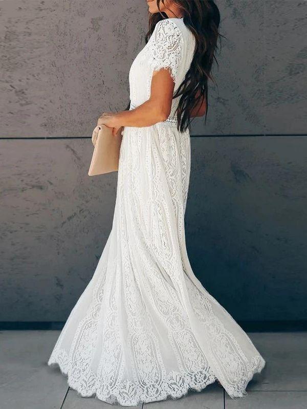 Vestido Branco Longo de Renda Manga Curta